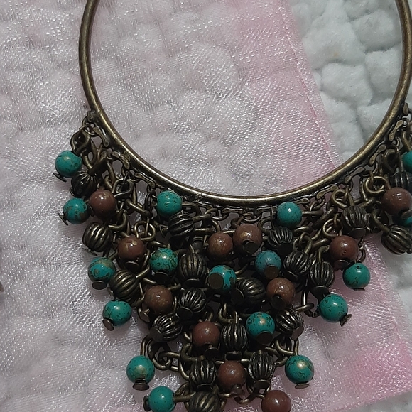 Lg. Hoop earrings with turquoise and brown beads - Picture 2 of 3